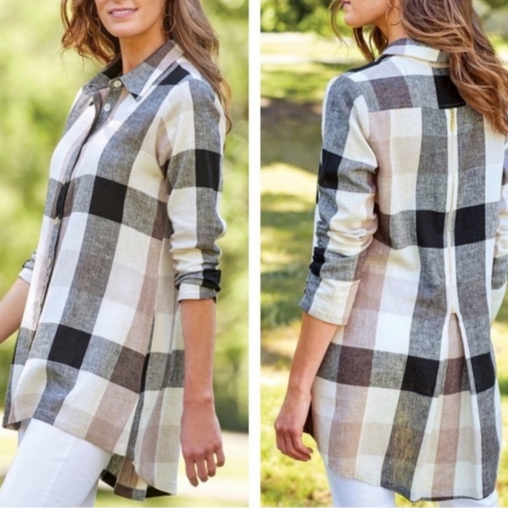 Soft Surroundings Carreaux Plaid Shirt half-zipper on the Back Sz L Linen